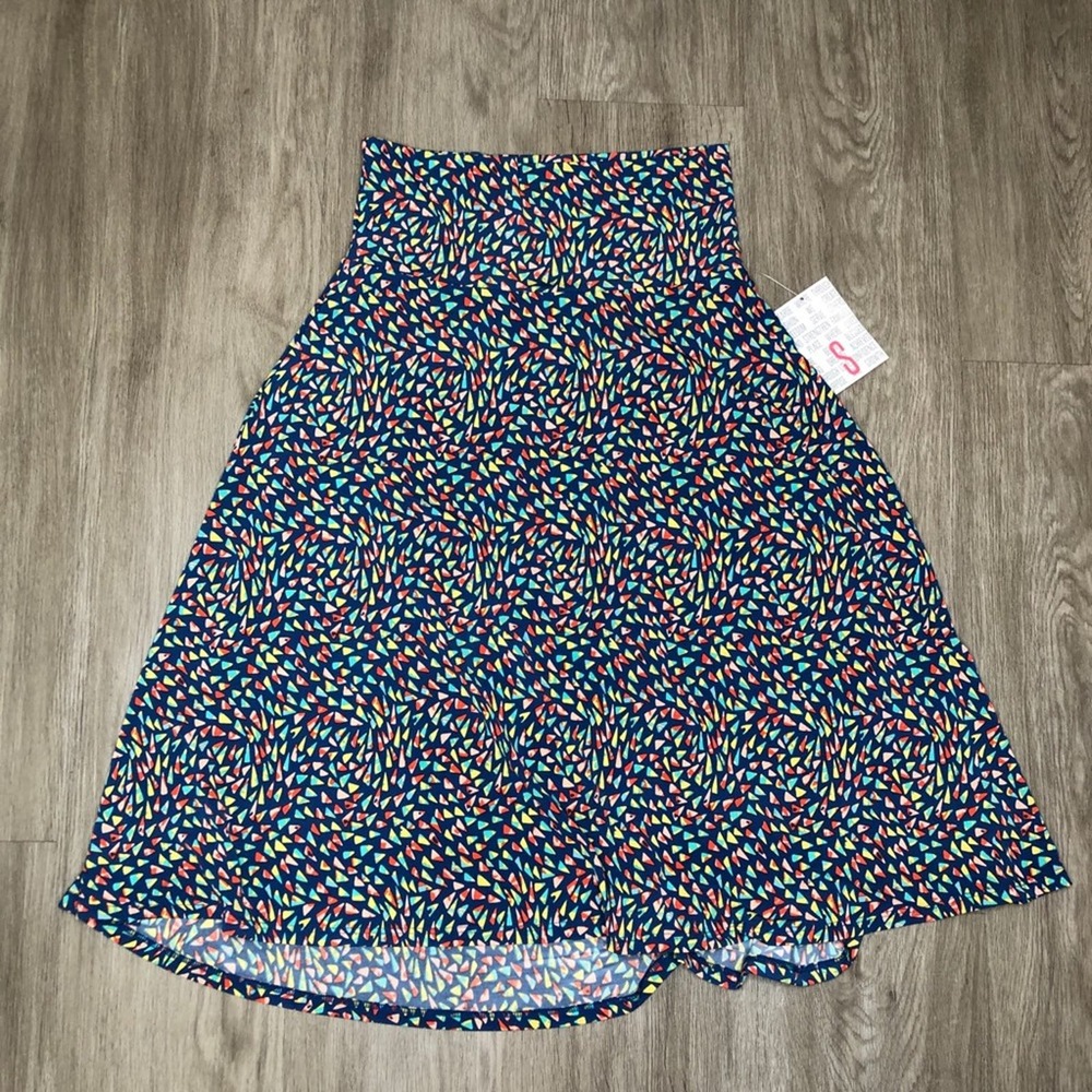 LulaRoe Women's Blue Multi Triangle Pattern Modest A-Line Azure Midi Skirt sz S